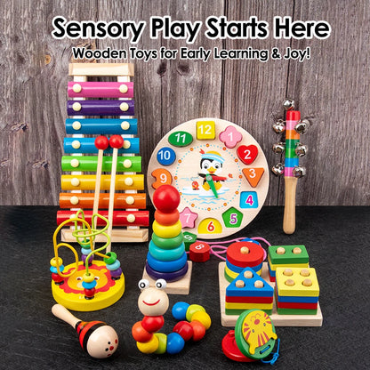 Montessori Baby Toys 9 in 1 Wooden Musical Set: Xylophone Rattle Drum Bell 3D Puzzles Sensory Learning Gifts for 0-12 Months 1-3 Beauty Fashion