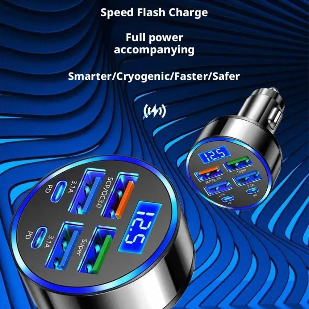 300W PD Car Charger QC3.1 Fast Charge 4USB+2PD ports Car Cigarette Lighter Plug Car Charger Flash Charge with Digital Display Beauty Trend Shop