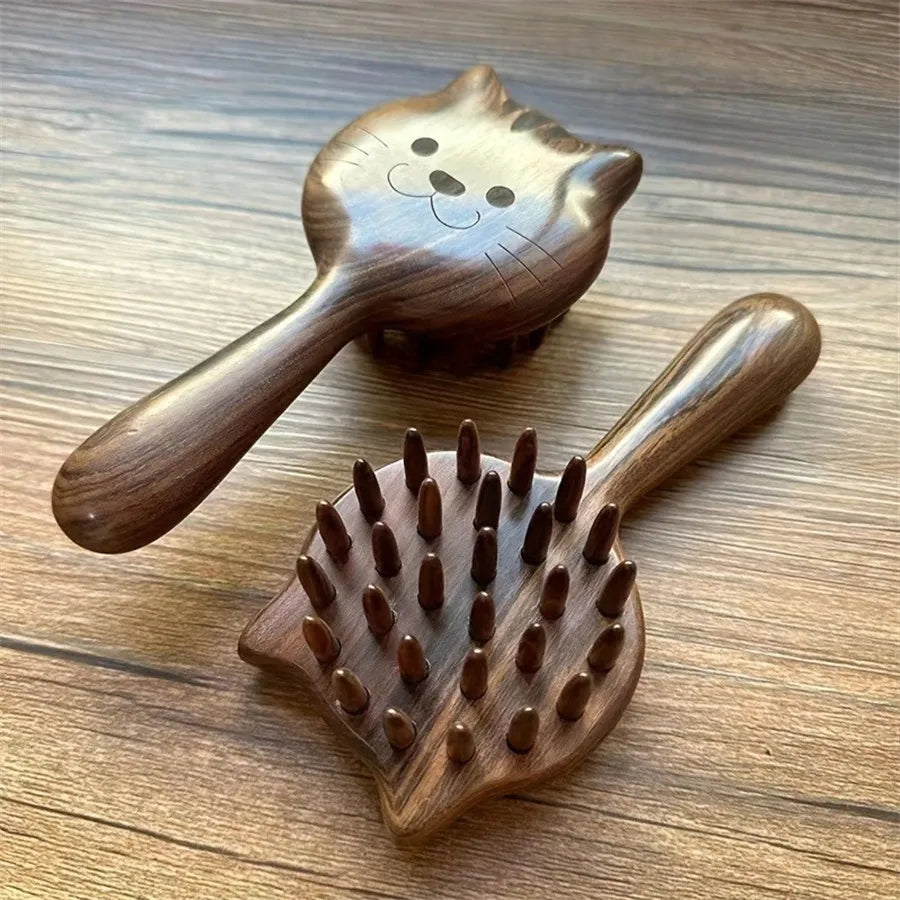 Charming Kitten Shape Solid Wood Massage Comb - Women's Air Cushion Scalp & Meridian Relief Beauty World Shop