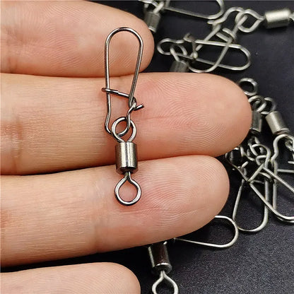 50pcs/lot Fishing Connector  2# 4# 6# 8# 10# Pin Bearing Rolling Swivel Stainless Steel With Snap Fishhook Lure Tackle Beauty World Shop