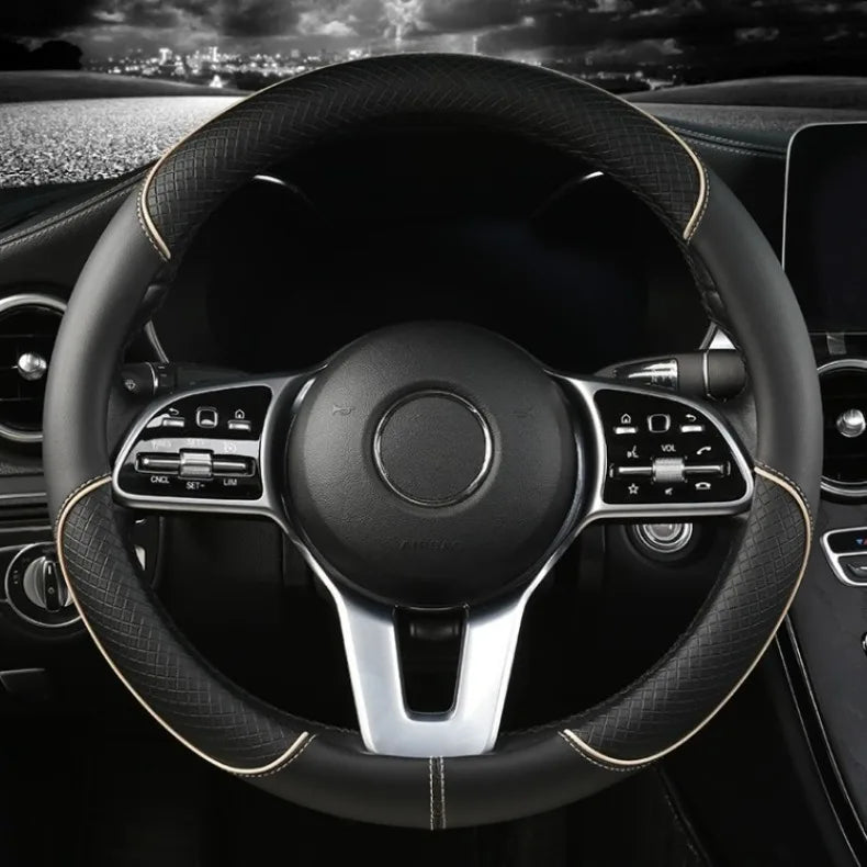All Seasons Leather Diamond Steering Wheel Cover Universal Fit for 14 .5-15 Inch Durable Leather Cover Anti-Slip Veins Design Beauty World Shop