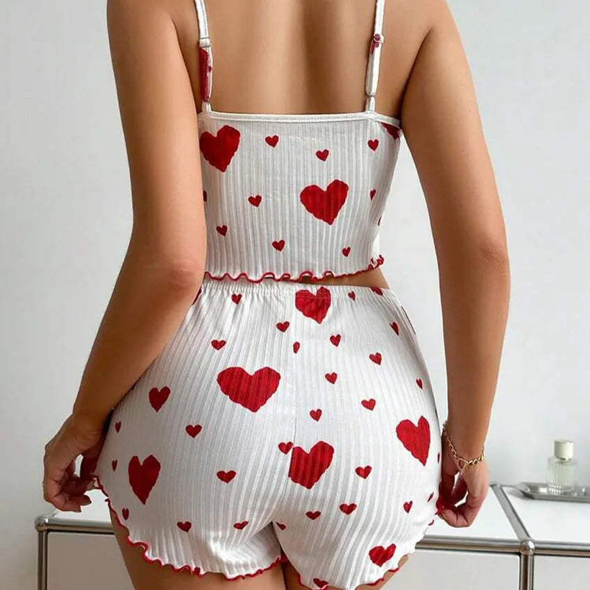 Women's Pajamas Set Sleepwear 2 PCS Short Tank Tops And Shorts S M L White Ventilate Soft Casual Love Printing Beauty World Shop