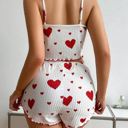 Women's Pajamas Set Sleepwear 2 PCS Short Tank Tops And Shorts S M L White Ventilate Soft Casual Love Printing Beauty World Shop
