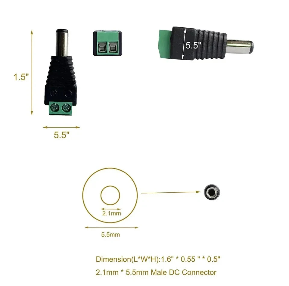 5pairs DC 12V Female And Male Connectors 5.5x2.1mm Power Plug Adapter Jacks Sockets For Signal Color LED Strip Light CCTV Camera Beauty World Shop