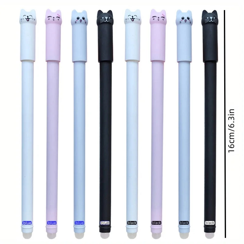 4/8/12pcs Creative Cat Erasable Gel Pens Set 0.5mm Washable Handle Magical Blue/Black Ink Erasable Refills Rod Writing Stationer Beauty World Shop