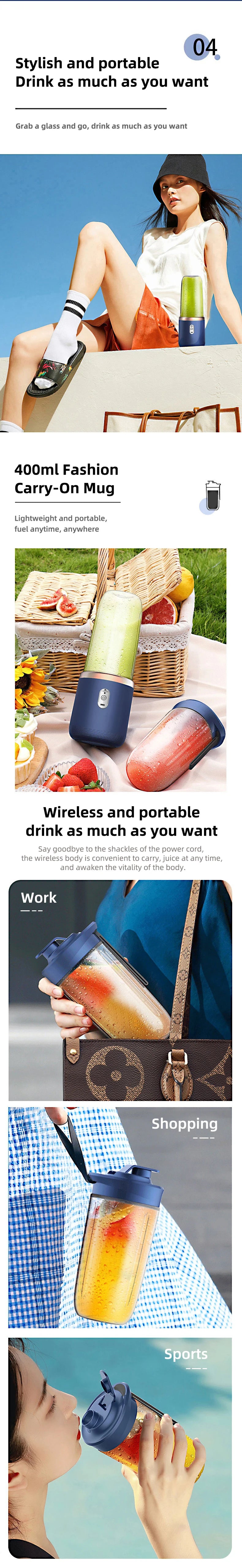 Portable Juicer Blender 400ml Electric Fruit Juicer USB Charging Lemon Orange Fruit Juicing Cup Smoothie Blender Machine 2cups Beauty World Shop
