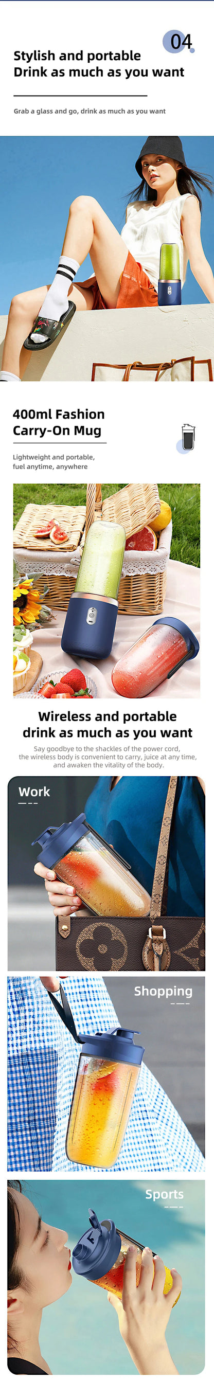 Portable Juicer Blender 400ml Electric Fruit Juicer USB Charging Lemon Orange Fruit Juicing Cup Smoothie Blender Machine 2cups Beauty World Shop