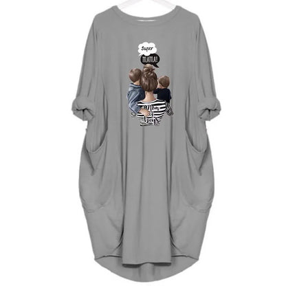 Women's Loose  Long Sleeved Summer Plus Size Dress Autumn  Winter Casual Round Neck Solid Color Long Sleeve Pocket Loose Pullove Beauty World Shop