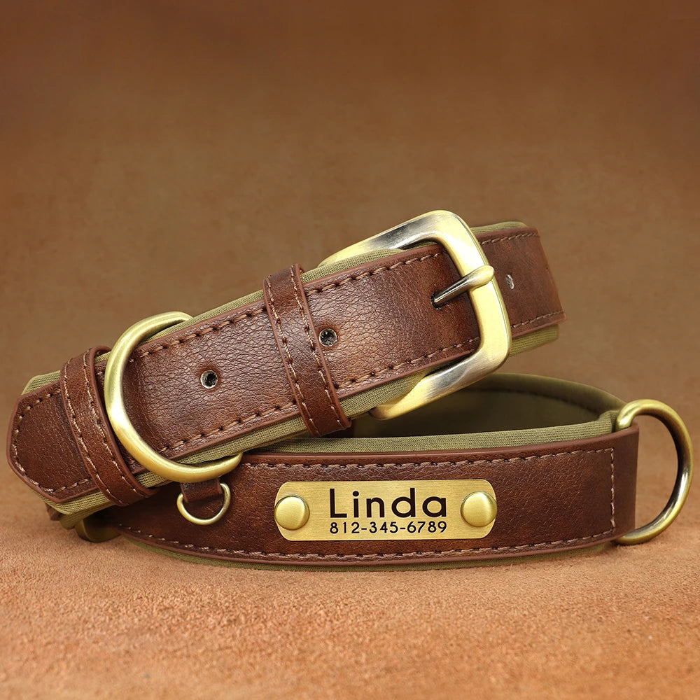 Customized PU Leather Nameplate Dog Collar Soft Padded Dogs Collars Free Engraving Name for Small Medium Large Dogs Adjustable Beauty World Shop