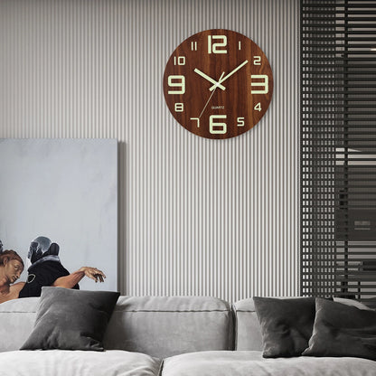 12 Inch Luminous Wall Clock Wood Silent light in dark night Nordic Fashion Wall Clock Non Ticking Clock With Night Light Beauty World Shop