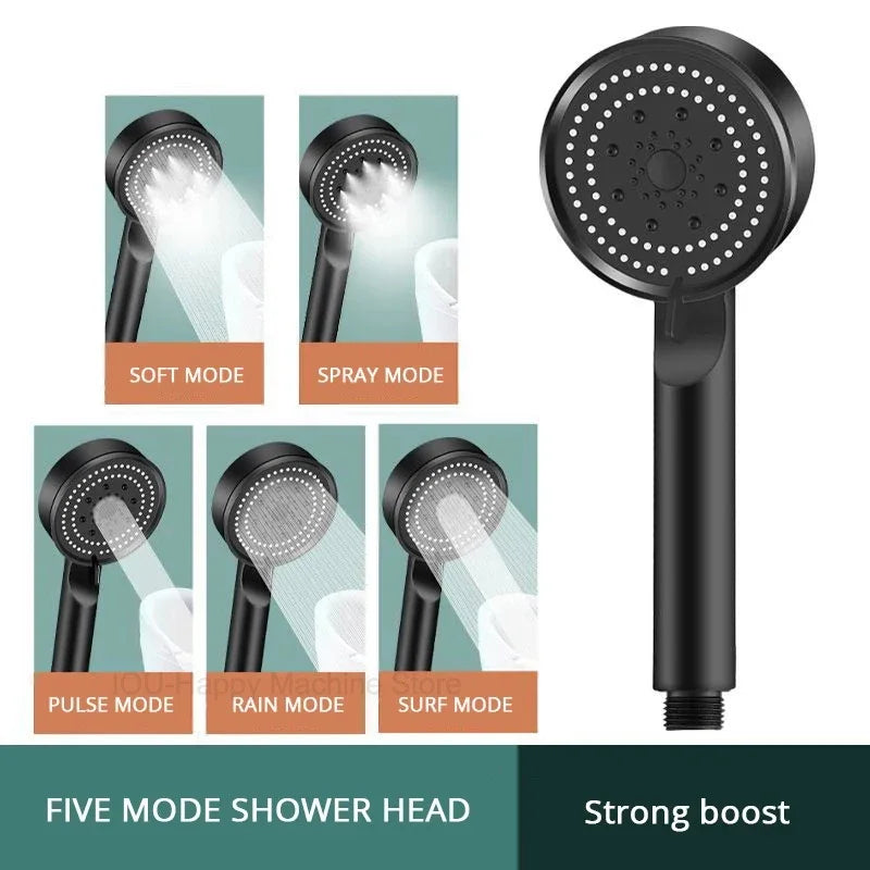Black 5 Modes Shower Head Adjustable High Pressure Water Saving Shower Head Water Massage Shower Head Bathroom Accessories Beauty World Shop