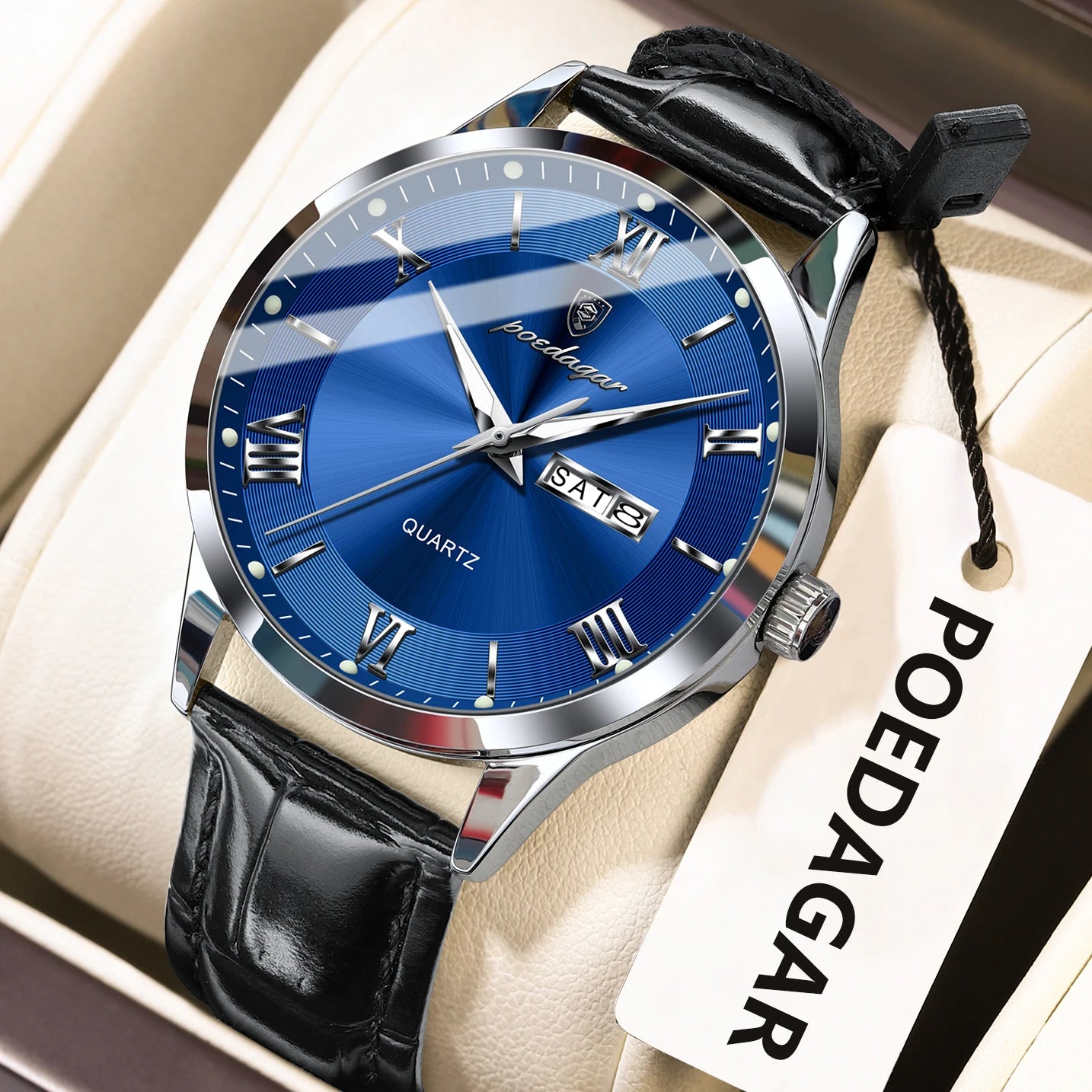 POEDAGAR Business Brand Men Clock Waterproof Luminous Date Week Fashion Man Wristwatch Leather Luxury Men's Quartz Watches Reloj Beauty World Shop
