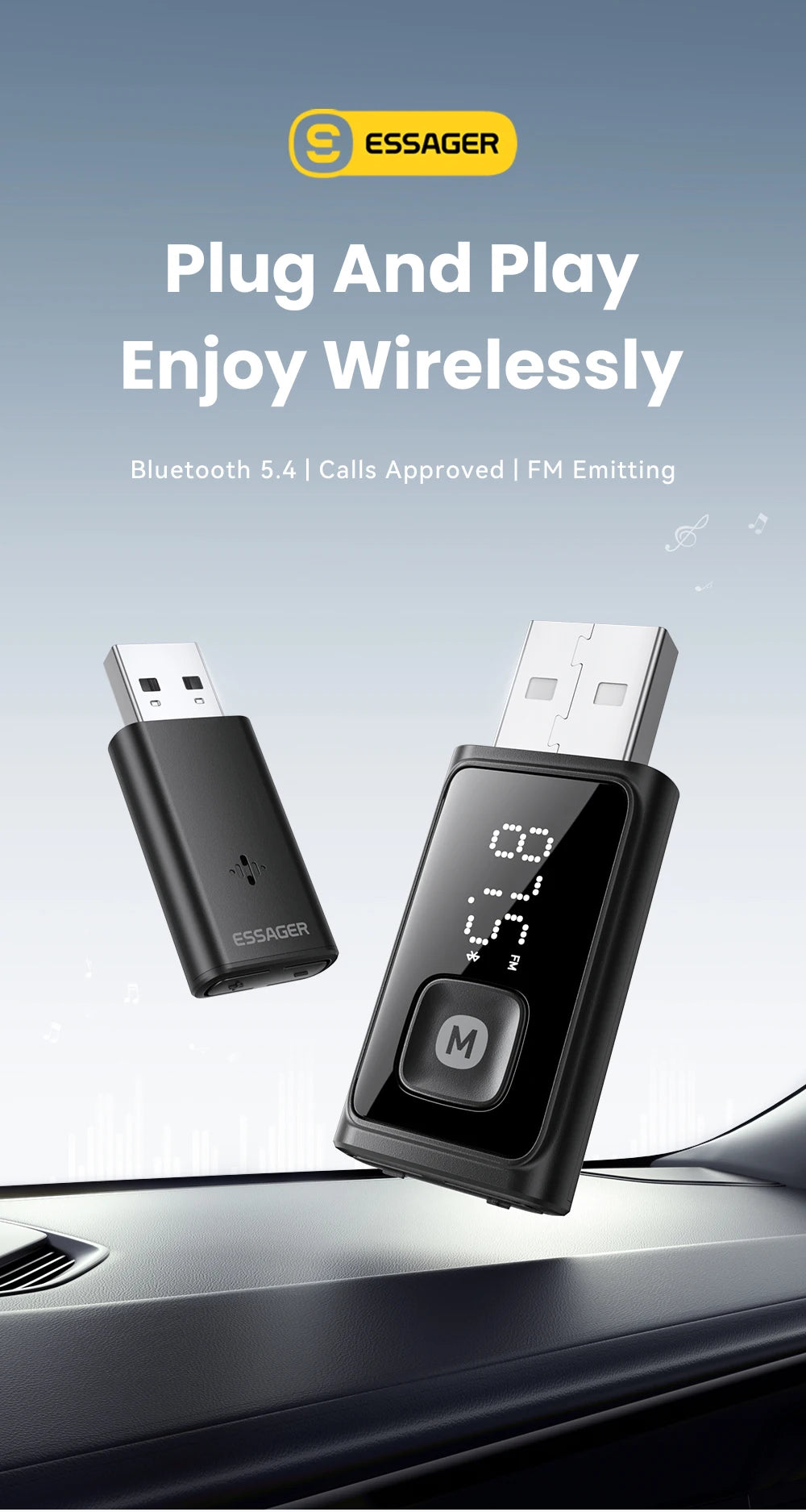 ESSAGER Bluetooth 5.4 Car Adapter Wireless FM Transmitter Audio Receiver&Handsfree Call Auto Stereo Mic Car Adapter Accessories Beauty World Shop
