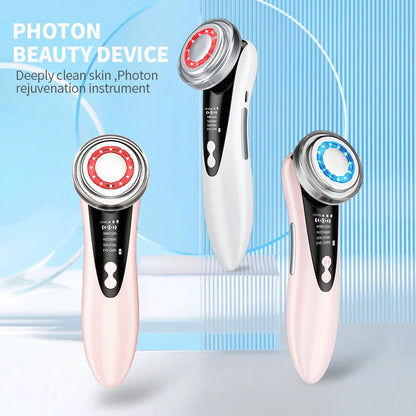 7 in 1 EMS Facial Massager Face Beauty Instrument with Induced Vibration and Hot Compress Face Skin Care Tool LED Light Therapy