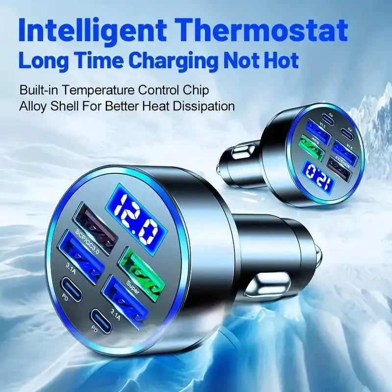 300W PD Car Charger QC3.1 Fast Charge 4USB+2PD ports Car Cigarette Lighter Plug Car Charger Flash Charge with Digital Display Beauty Trend Shop