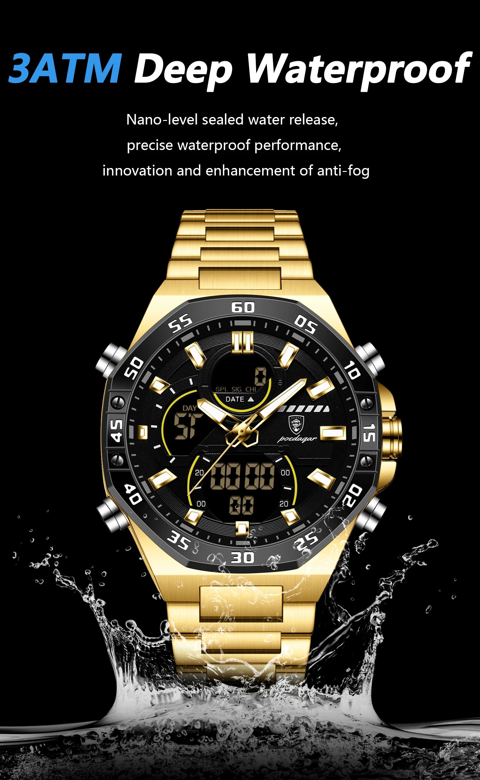 POEDAGAR Top Men Clock LED Luminous Waterproof Week Date Military Man Wristwatch Electronic Stainless Steel Quartz Men's Watches Beauty World Shop