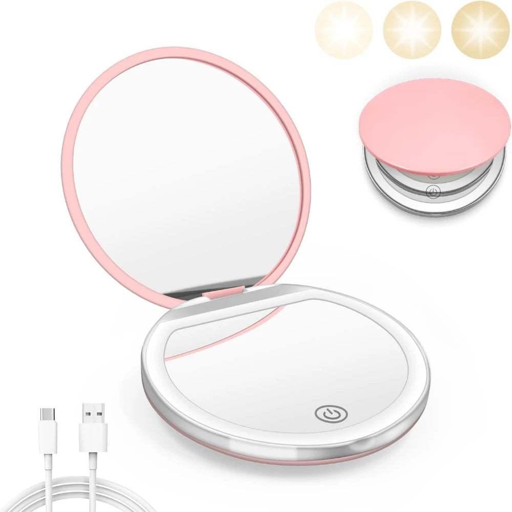 Compact Mirror with Light, 1X/3X Magnification LED Pocket Mirror with USB Data Cable, Pink Mini Mirror for Purse, Pocket,Travel Beauty World Shop