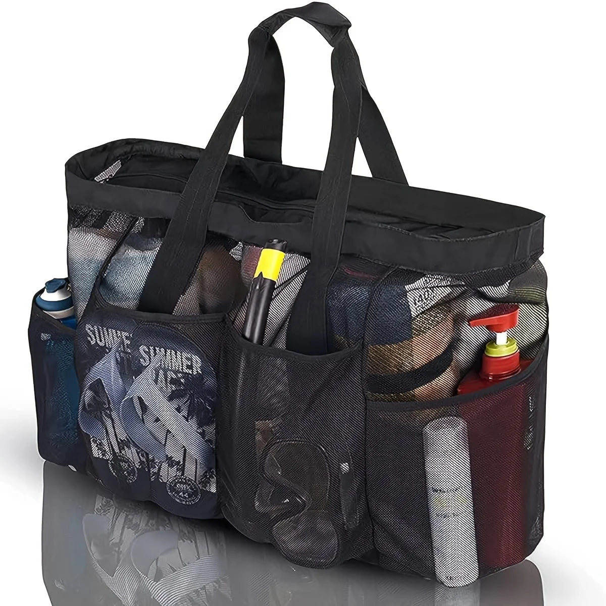 1pc Extra Large Mesh Beach Bag, Breathable Mesh Tote With Zipper & Side Pockets, Portable Large Capacity Finishing Organizer Bag Beauty World Shop