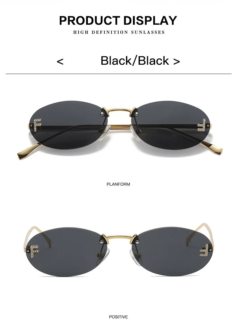 Fashion Rimless Sunglasses Women UV400 Oval Elegant Diamond F Sun Glasses Retro Eyewear Beauty World Shop