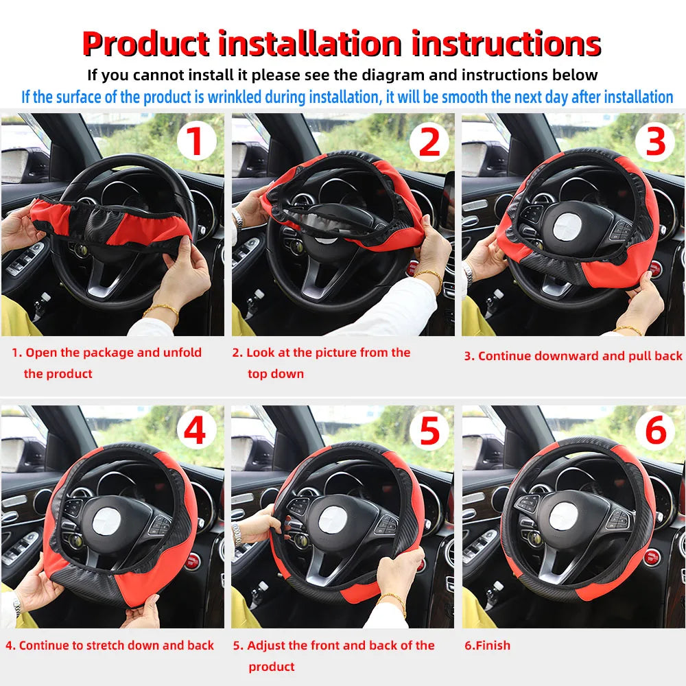 PU Carbon Fiber Leather Car Steering Wheel Cover without Inner Ring Suitable for 14.5-15 Inches of Automotive Supplies Beauty World Shop
