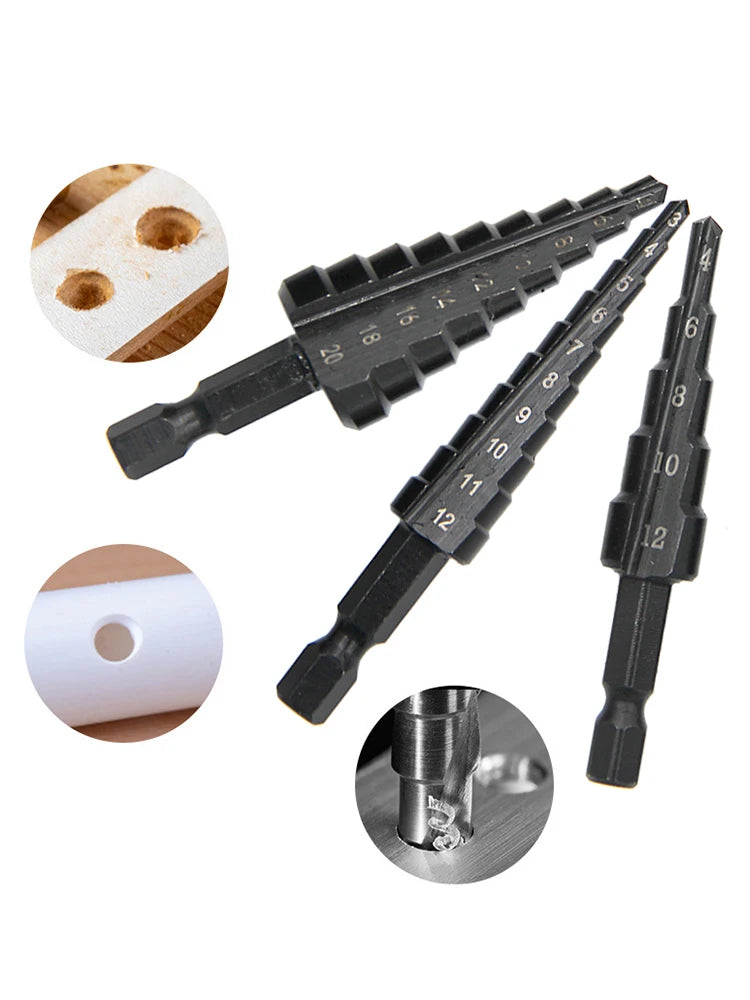 3pc Black Hexagonal Shank Straight Slot Ladder Drill Bit Reaming and Hole Opening Blackened Pagoda Drill Tool Set Beauty Fashion