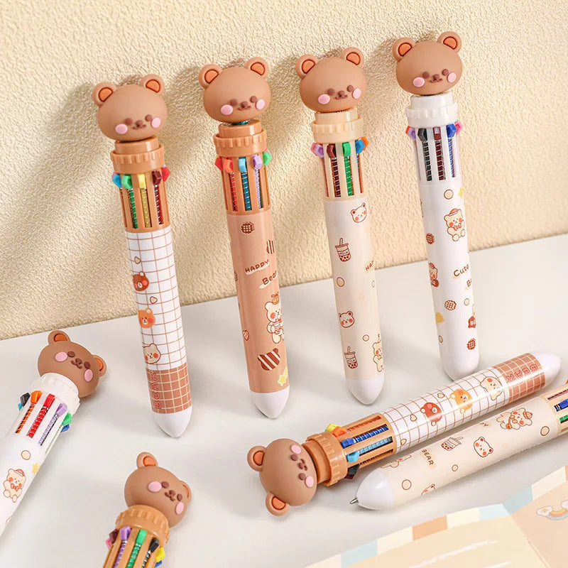 10 Colors Ballpoint Pen Cartoon Bear 0.5mm Colorful Ink Gel Pens Silicone Kawaii Pens School Office Supplies Korean Stationery Beauty World Shop