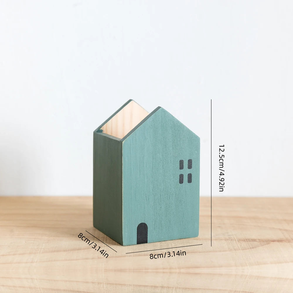 Cartoon House Wooden Pen Holder Pencil container Makeup Brush Stationery storage box Student/ Office Desktop Storage Organiser Beauty World Shop