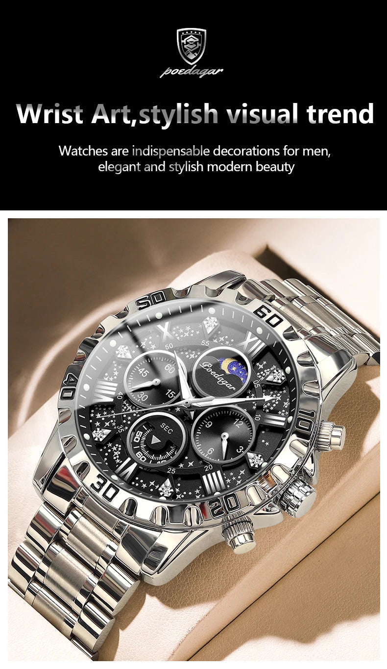 POEDAGAR Luxury Man Watch Waterproof Luminous Stainless Steel Quartz Men's Wristwatch Chronograph Military Watches For Men Reloj Beauty World Shop