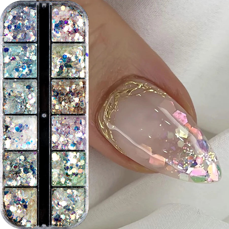 12 Grids Shimmery Mermaid Hexagon Nail Art Glitter Sequins Holographic Mirror Nail Powder Flakes Nail Charms Decoration Manicure Beauty World Shop