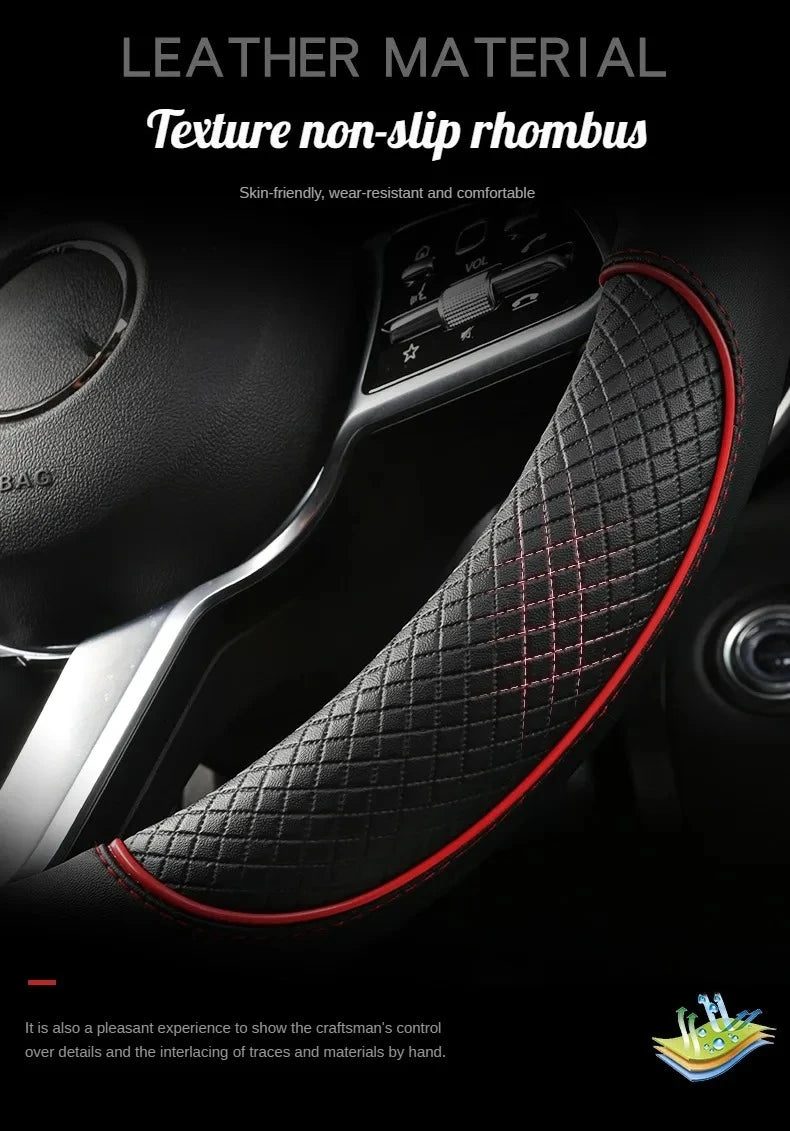 All Seasons Leather Diamond Steering Wheel Cover Universal Fit for 14 .5-15 Inch Durable Leather Cover Anti-Slip Veins Design Beauty World Shop