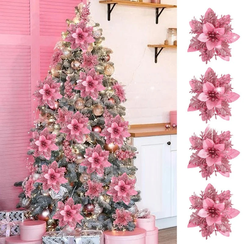 Christmas Glitter Artificial Flowers Christmas Tree Hanging Ornaments Fake Flower for Home 2025 Xmas New Year 2026 Navidad Gift Beauty World Shop