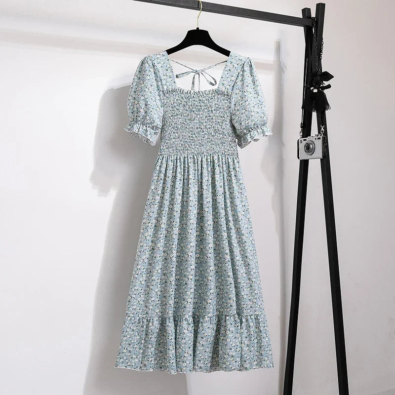 Spring Summer Elastic Waist Chiffon Dress Women Casual Dresses Fashion Female  Vestidos Short Sleeve Pleated A-line Dresses Beauty World Shop