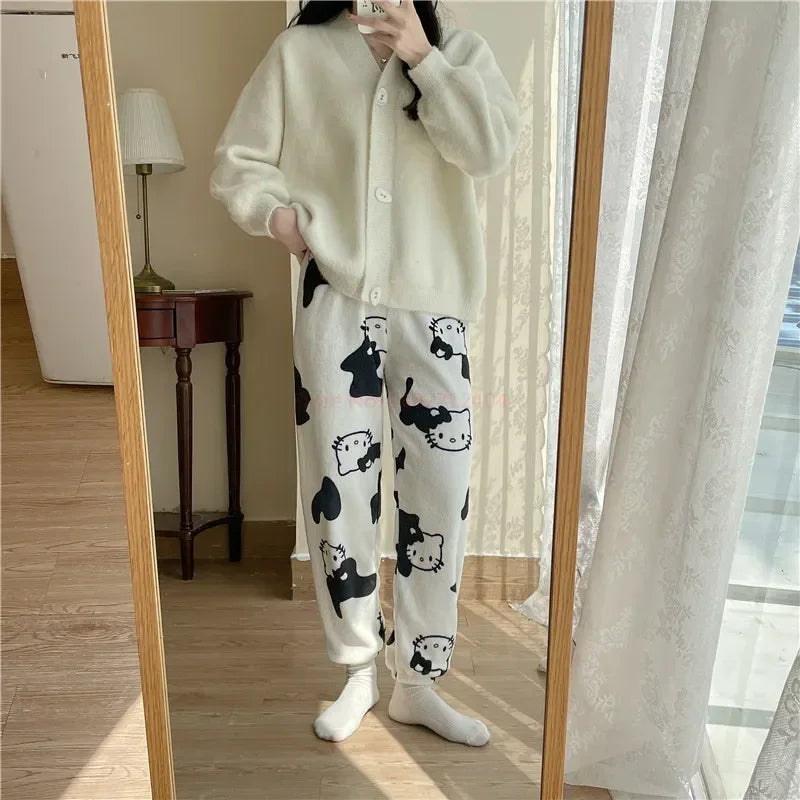 2024 Sanrio Hello Kitty Pajamas Halloween Flannel Fashion Trouserswomen Kawaii Woolen Anime Cartoon Casual Home Pants Autumn Beauty Fashion