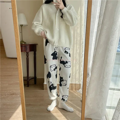 2024 Sanrio Hello Kitty Pajamas Halloween Flannel Fashion Trouserswomen Kawaii Woolen Anime Cartoon Casual Home Pants Autumn Beauty Fashion