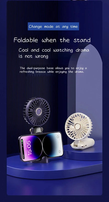6000mAh Mini Handheld Fan 5 Speeds USB Charging Hanging Neck Fan LED Digital Display For Outdoor Sport Student Office Desk Fan