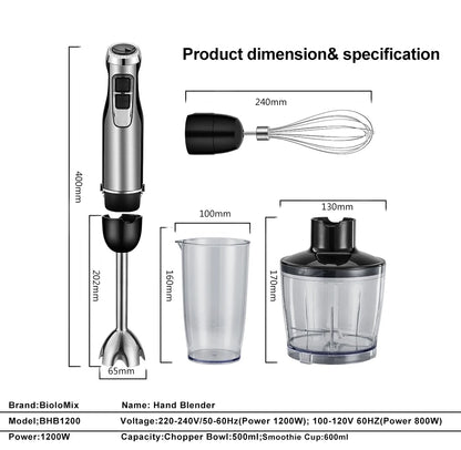BioloMix 4 in 1 High Power 1200W Immersion Hand Stick Blender Mixer Includes Chopper and Smoothie Cup Stainless Steel Ice Blades Beauty World Shop