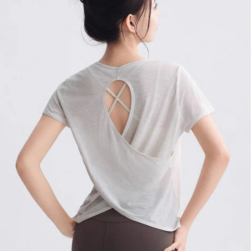 Women's Tight Sports T-shirt Quick Dry Short Sleeve Yoga T-shirt Pilates Fitting Fitness Back Hollow Out Running T-shirt Beauty World Shop