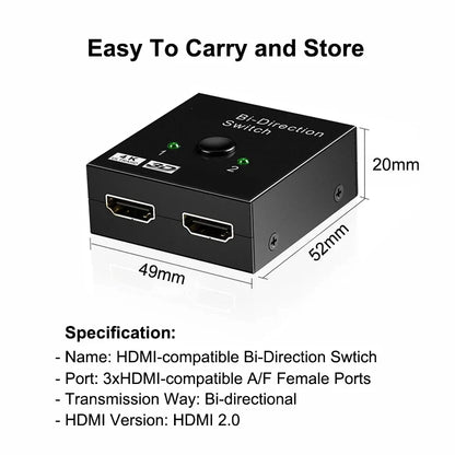 Switch Bi-Direction 2.0 Splitter HDMI-compatible 1x2/2x1 Adapter 2 in 1 out Converter for 4K Switcher PS4 Pro/4/3 TV Box  ﻿ Beauty World Shop