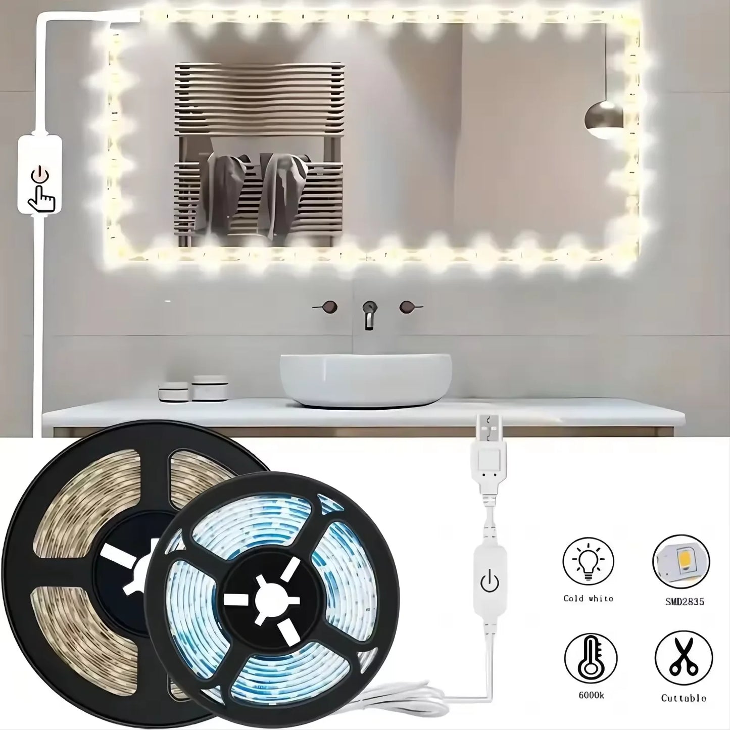 5V 2835 LED Strip Light Touch Sensor Switch Dimmable USB Flexible LED Tape Ribbon Light For Mirror Cabinet Stair Decor Lighting Beauty World Shop