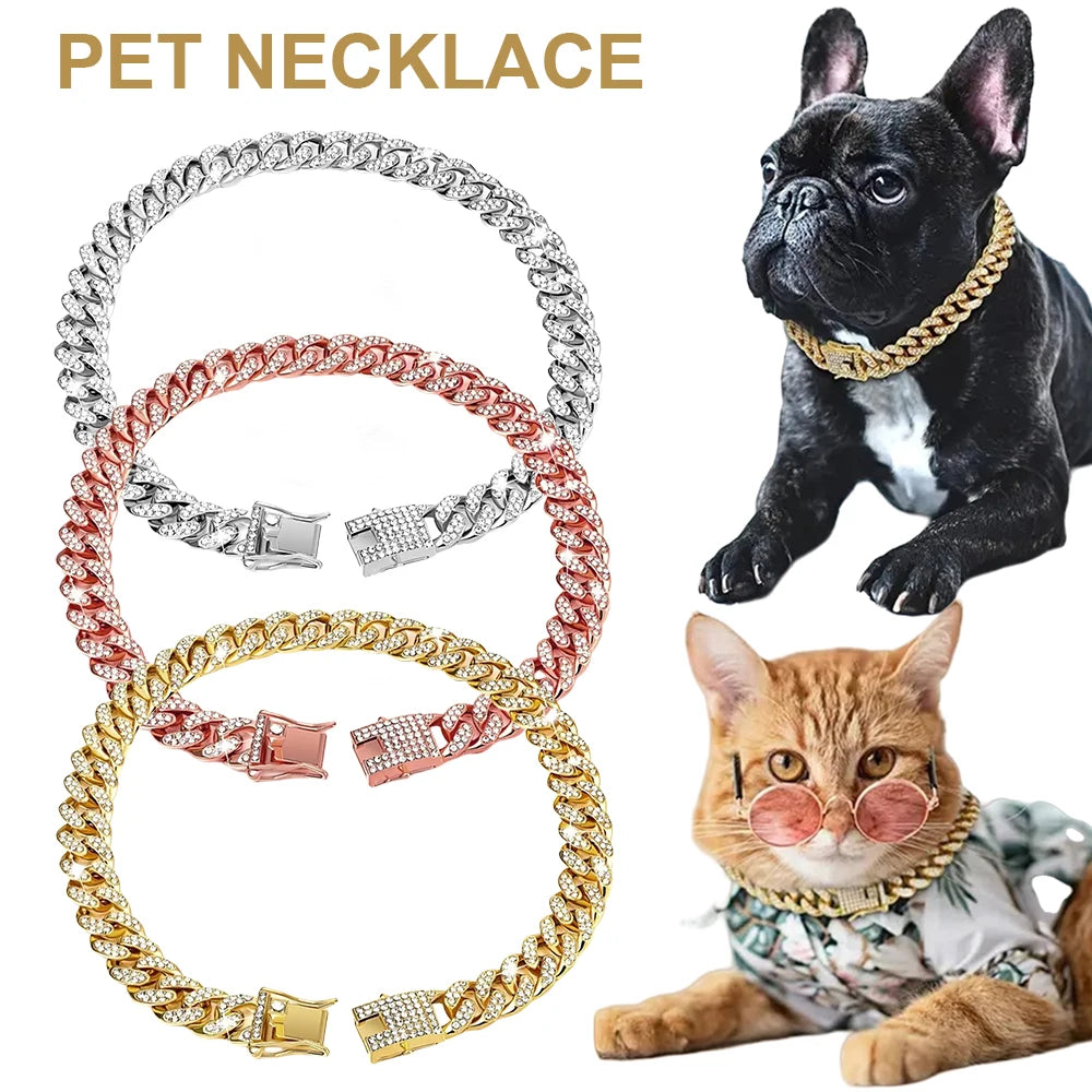 New Style Pet Collar Necklace Cat Dog Full Diamond Cuban Chains Dog Chains Lock Buckle Gold Silver Rose Gold Pet Supplies Beauty World Shop