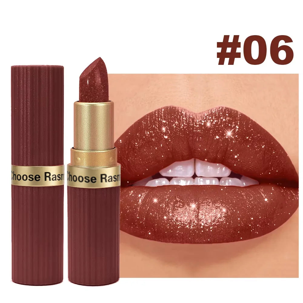 Pearlescent Pink Glitter Velvet Lipstick Metallic Waterproof Long Lasting Matte Shimmer Diamond Lipstick Women Makeup Cosmetic Beauty World Shop