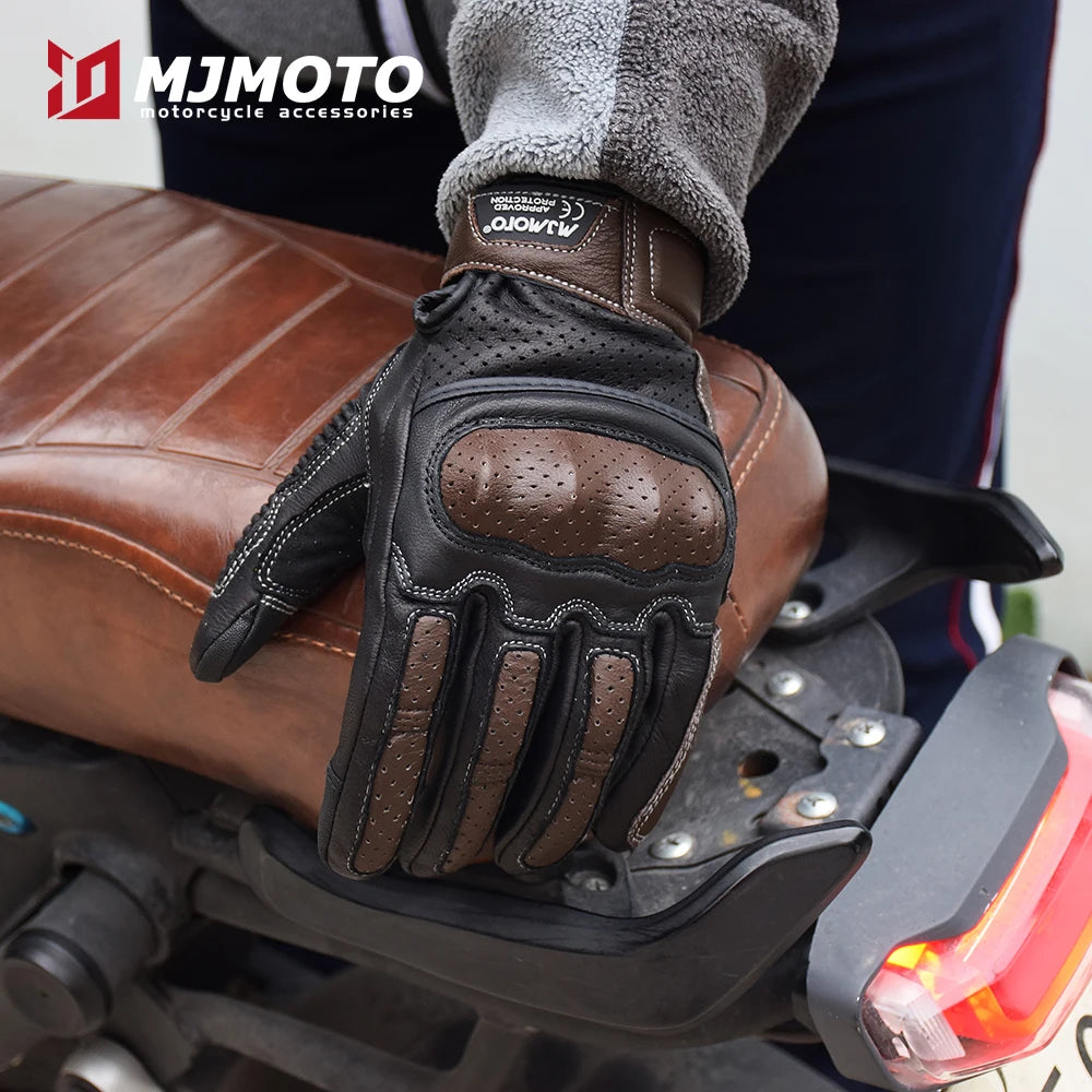 With CE Approved Summer Retro Perforated Leather Motorcycle Gloves Men Women Full Finger Motocross Dirt Biker Glove Guantes Moto Beauty World Shop