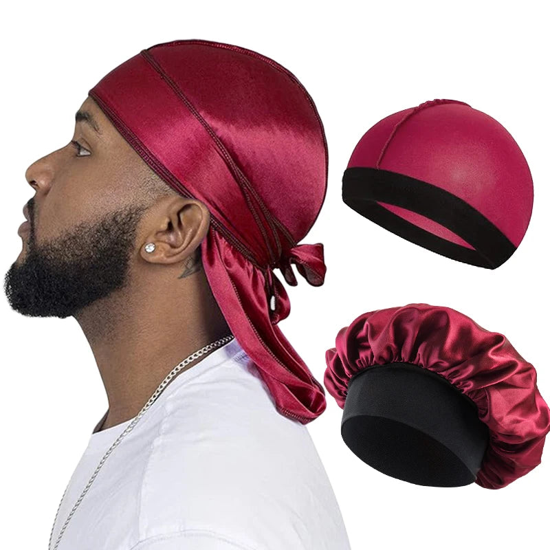 3PCS/LOT Men Silky Durag Long Tail Pirate Hat Headband Turban Dome Wave Cap Unisex Wig Cap Elastic Band Satin Bonnet Beauty World Shop