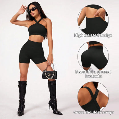 2Pcs Yoga Sets Naked Feel Gym Set Women Workout Clothes High Waist Yoga Shorts And Strappy Sports Bra Short Sets Summer Beauty World Shop