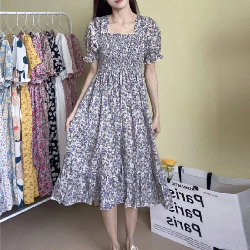Spring Summer Elastic Waist Chiffon Dress Women Casual Dresses Fashion Female  Vestidos Short Sleeve Pleated A-line Dresses Beauty World Shop