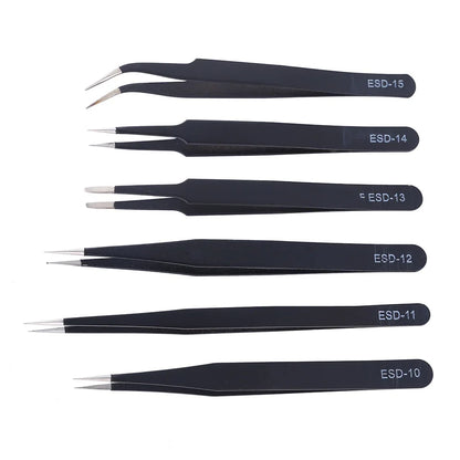 6Pcs Anti-static ESD Tweezers Maintenance Tool Industrial Precision Curved Straight Tweezers Repair Tools Set Beauty World Shop