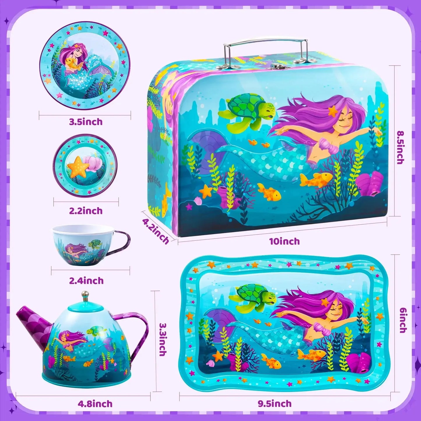 Joyfy Kid Tea Set Mermaid Tea Party Set Princess Pretend Play Tin Teapot Set Kitchen Toy for Girls Toddlers 2 3 4 5 6 Years Old Beauty World Shop