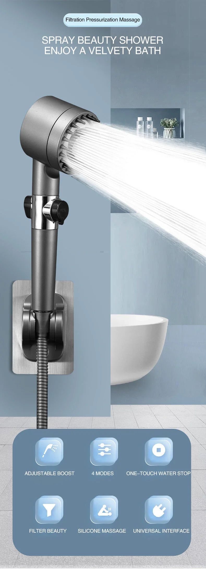 High Pressurized Filter Shower Head 3-mode Adjustable Spray with Massage Brush Rain Faucet Bathroom Accessories Beauty World Shop