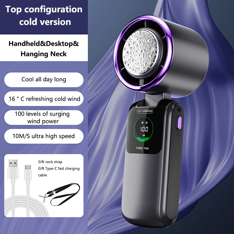 Portable Air Cooling Turbos Handheld Fan 100-Speed Adjustable Refrigeration Cooler 4000mAh LED Display USB Rechargeable