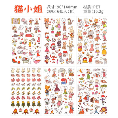6Pieces/Set Transparent Pvc Waterproof Cartoon Sticker DIY Hand Account Decorative Stickers Kawaii Phone Cup Stickers Beauty World Shop